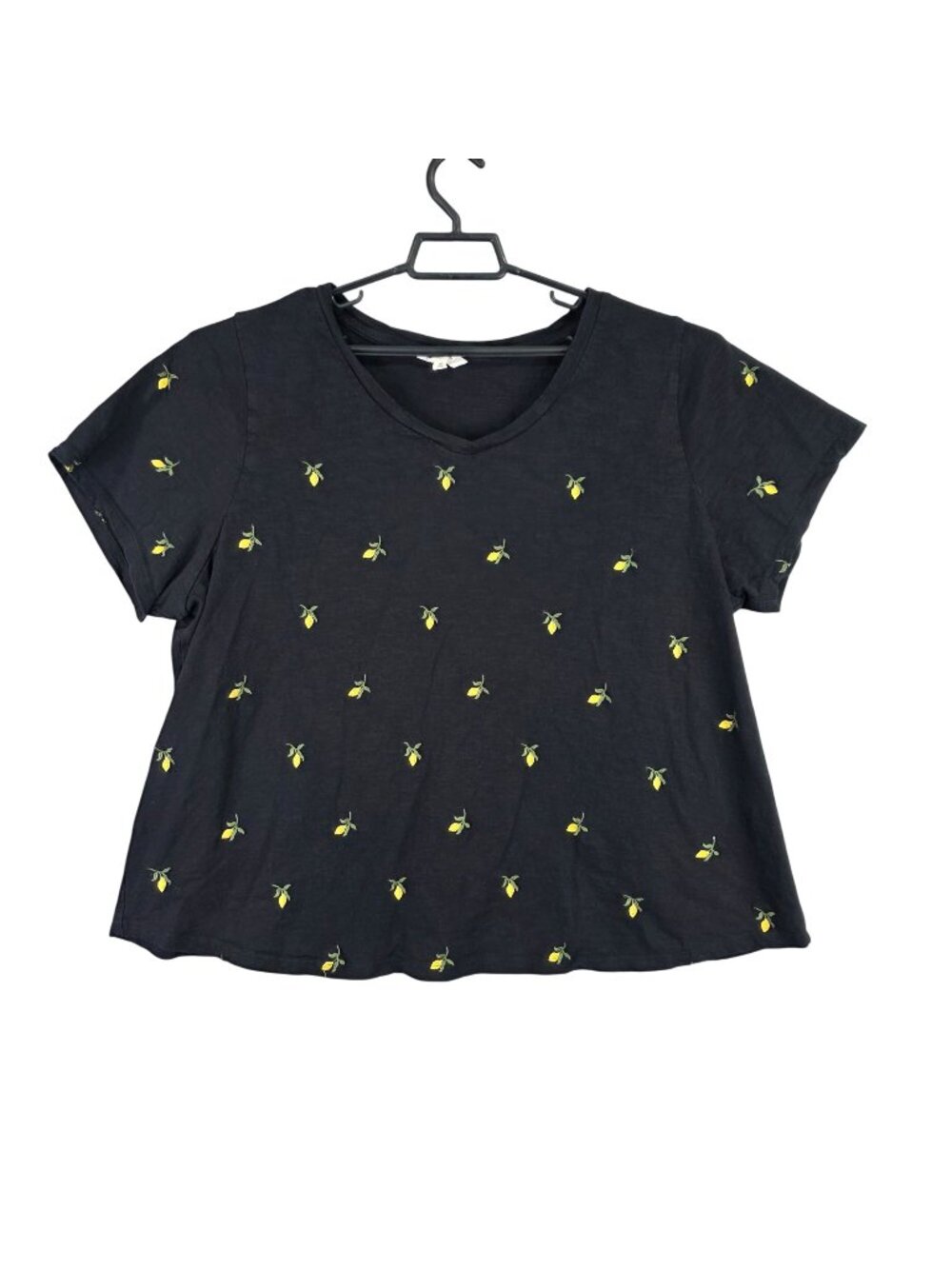 Womens Lucky Brand Black Lemon Embroidered V-Neck T Shirt Short Sleeve Cotton 3X